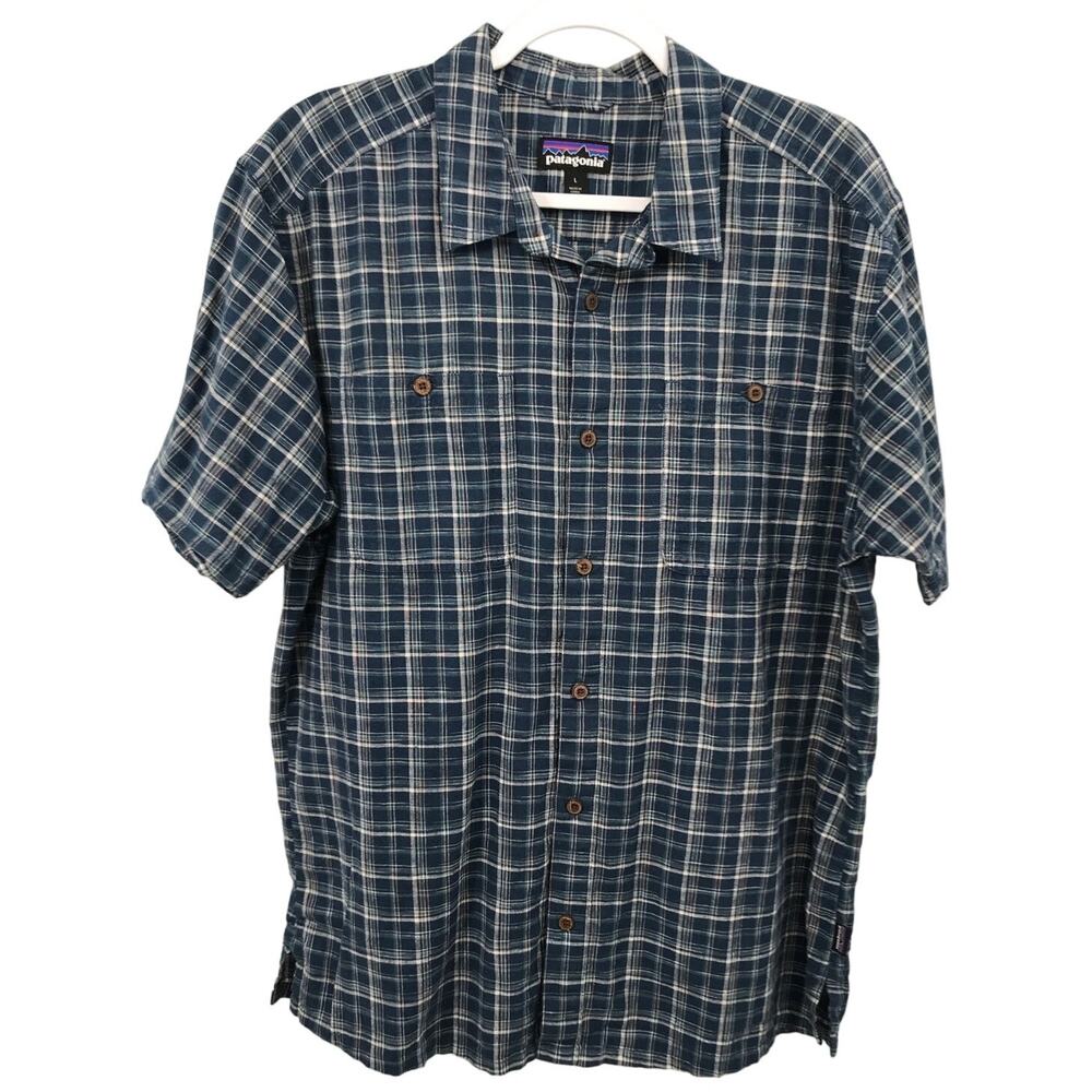 Patagonia Blue Plaid Organic Cotton Short Sleeve Button Down Shirt Mens L